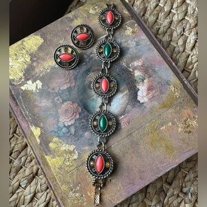 Emmons African Queen Bracelet Lucite Red Green Cabochons Amber Rhinestones Set!!